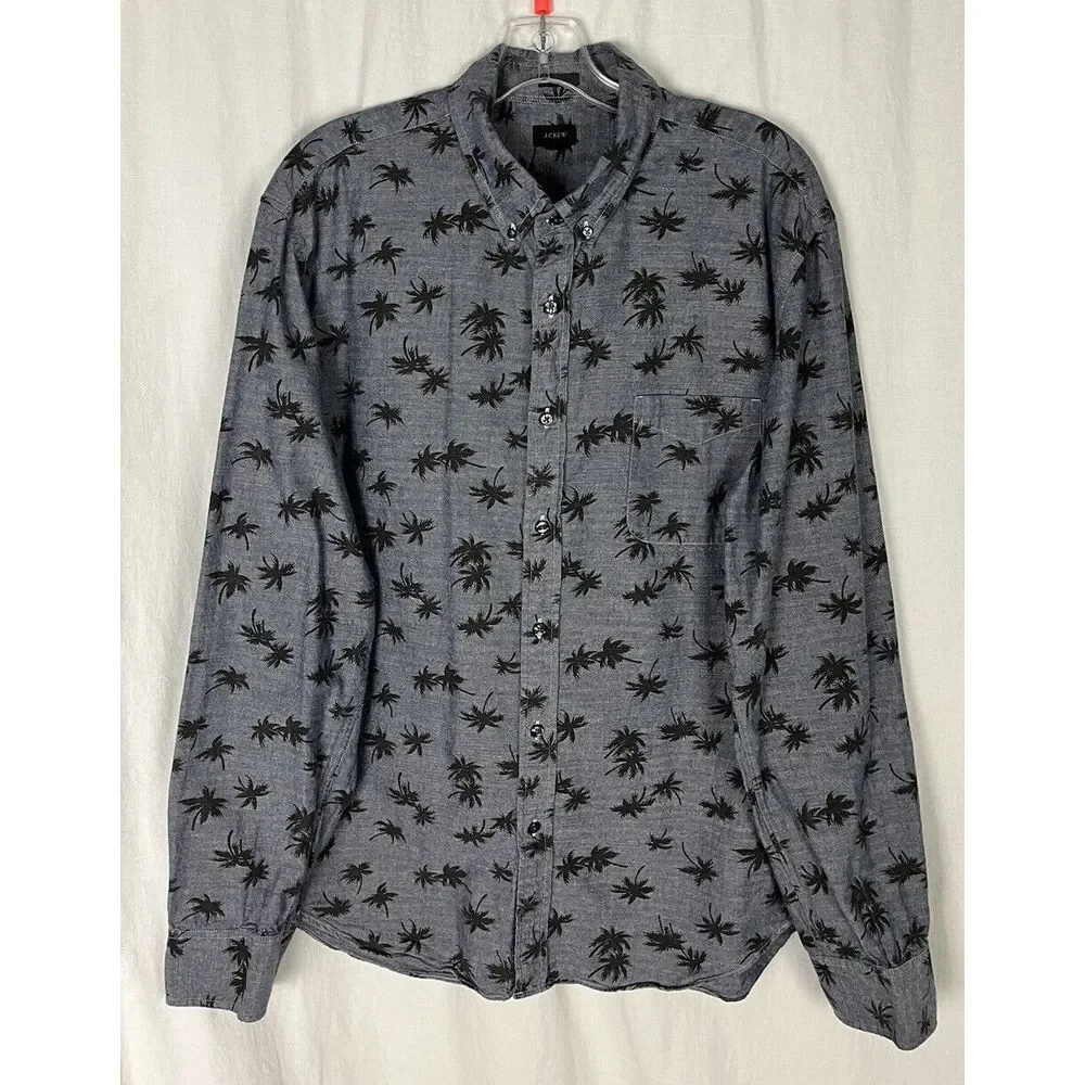 J. Crew Chambray Shirt Palm Tree Men's XL Button Down Long Sleeve Cotton Slim‎